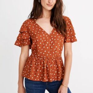Madewell Rust Polka Dot Ruffle Blouse Tiered-Sleeve Peplum Top in Inkspot Dot